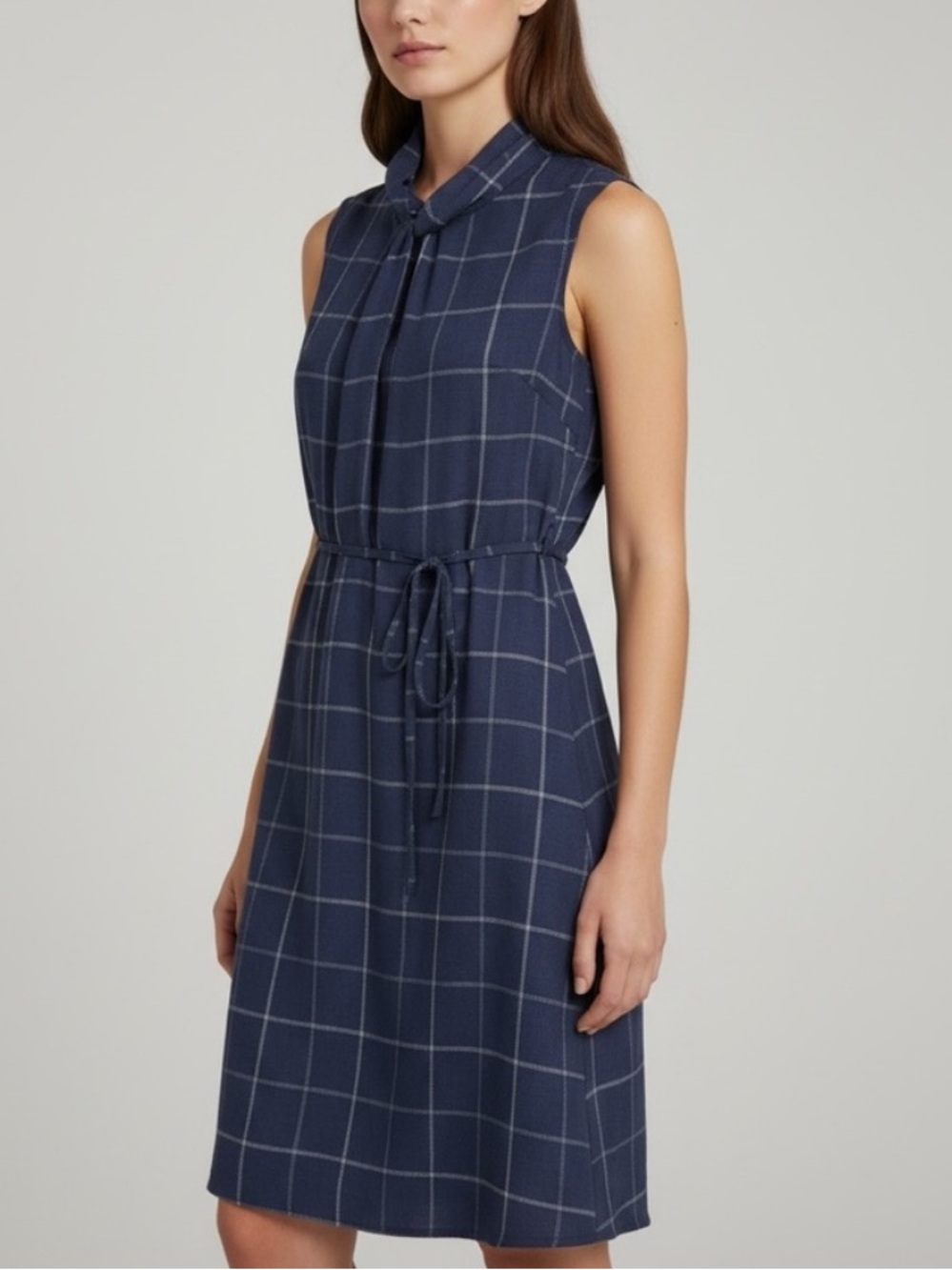 Banana Republic Plaid Twist-Neck Fit-and-Flare Dress In Navy Size 4